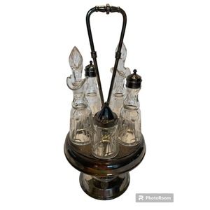 Vintage Condiment Set With Caddy Carousel Reed & Barton 5 Bottles Silver Plate